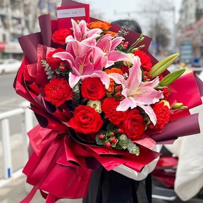 19 Stems of Red Roses & Red Carnations & 4 Stems of Multi-bloom Pink Lilies