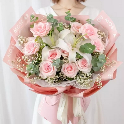 11 Stems of Pink Roses & 2 Stems of White Lilies