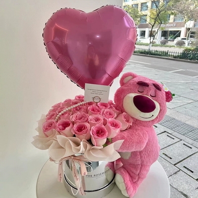 33 Stems of Pink Roses with Pearl Chains, 1 Helium Balloon & 1 Strawberry Plush Bear