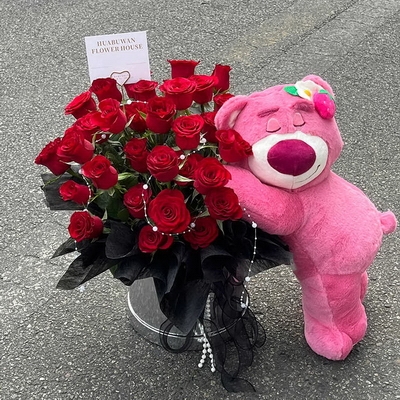 Scarlet Rose & Strawberry Bear Love Bouquet