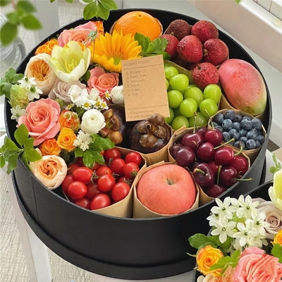 9 Varieties of Fresh Fruits & Flowers in a Round Box