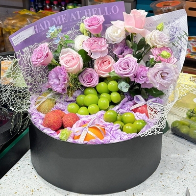 Mixed Fresh Fruits & Flowers in a Round Box